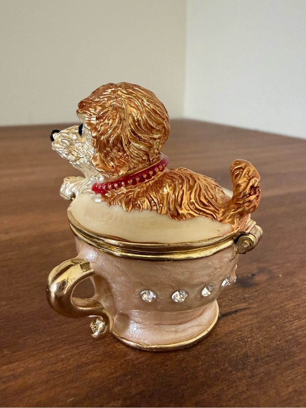Gold and Cream Puppy on a Teacup Jewelry Trinket Box with Rhinestones Accents - Picture 6 of 12